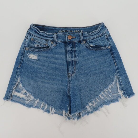 American Eagle Women 4 Highest Rise Mom Short Blue Denim Jean Distressed Cotton - Picture 13 of 14